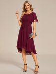 Flowy Chiffon Round Neckline A-Line Knee Length Wedding Guest Dress – Burgundy