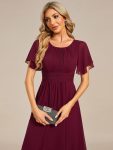 Flowy Chiffon Round Neckline A-Line Knee Length Wedding Guest Dress – Burgundy