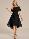 Flowy Chiffon Round Neckline A-Line Knee Length Wedding Guest Dress – Black