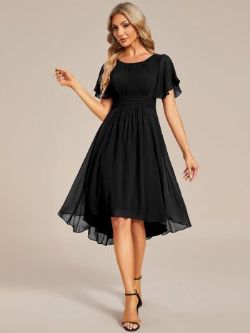 Flowy Chiffon Round Neckline A-Line Knee Length Wedding Guest Dress - Black