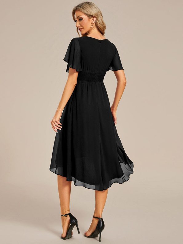 Flowy Chiffon Round Neckline A-Line Knee Length Wedding Guest Dress - Black