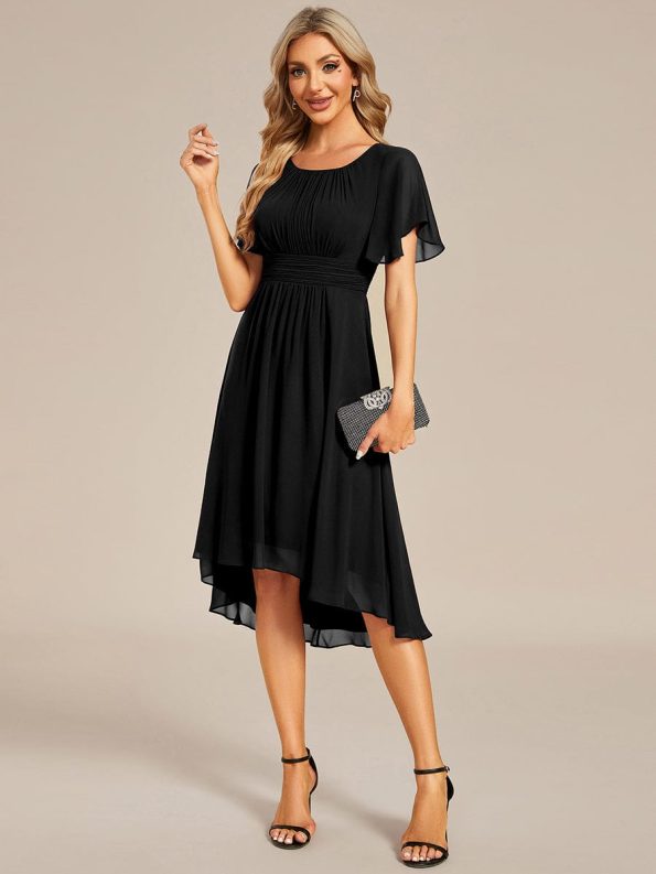 Flowy Chiffon Round Neckline A-Line Knee Length Wedding Guest Dress - Black