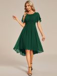 Flowy Chiffon Round Neckline A-Line Knee Length Wedding Guest Dress – Dark Green