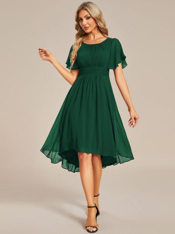 Flowy Chiffon Round Neckline A-Line Knee Length Wedding Guest Dress - Dark Green