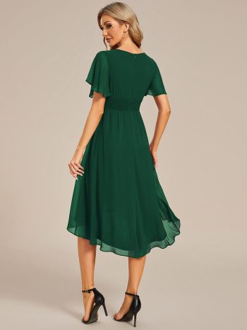 Flowy Chiffon Round Neckline A-Line Knee Length Wedding Guest Dress - Dark Green