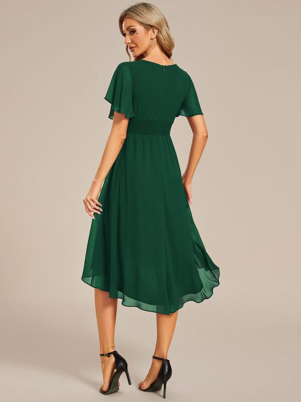 Flowy Chiffon Round Neckline A-Line Knee Length Wedding Guest Dress - Dark Green