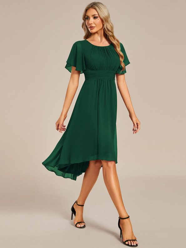 Flowy Chiffon Round Neckline A-Line Knee Length Wedding Guest Dress - Dark Green