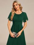 Flowy Chiffon Round Neckline A-Line Knee Length Wedding Guest Dress – Dark Green