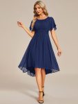 Flowy Chiffon Round Neckline A-Line Knee Length Wedding Guest Dress – Navy Blue