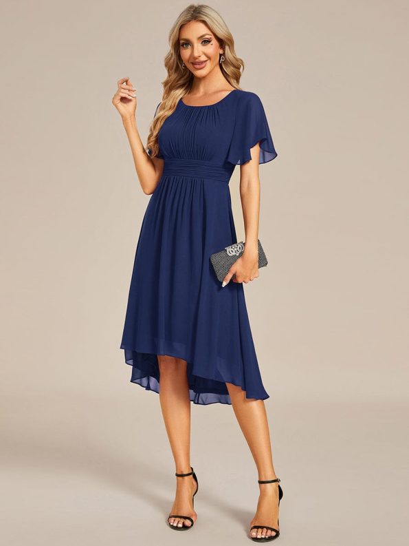 Flowy Chiffon Round Neckline A-Line Knee Length Wedding Guest Dress - Navy Blue