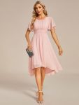 Flowy Chiffon Round Neckline A-Line Knee Length Wedding Guest Dress – Pink