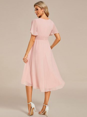 Flowy Chiffon Round Neckline A-Line Knee Length Wedding Guest Dress - Pink