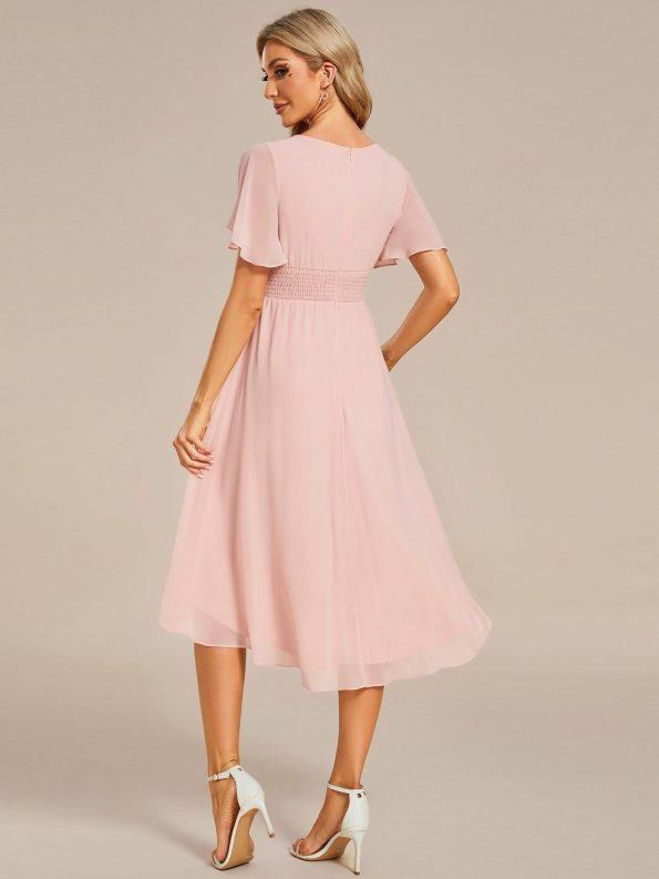 Flowy Chiffon Round Neckline A-Line Knee Length Wedding Guest Dress - Pink