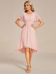 Flowy Chiffon Round Neckline A-Line Knee Length Wedding Guest Dress - Pink