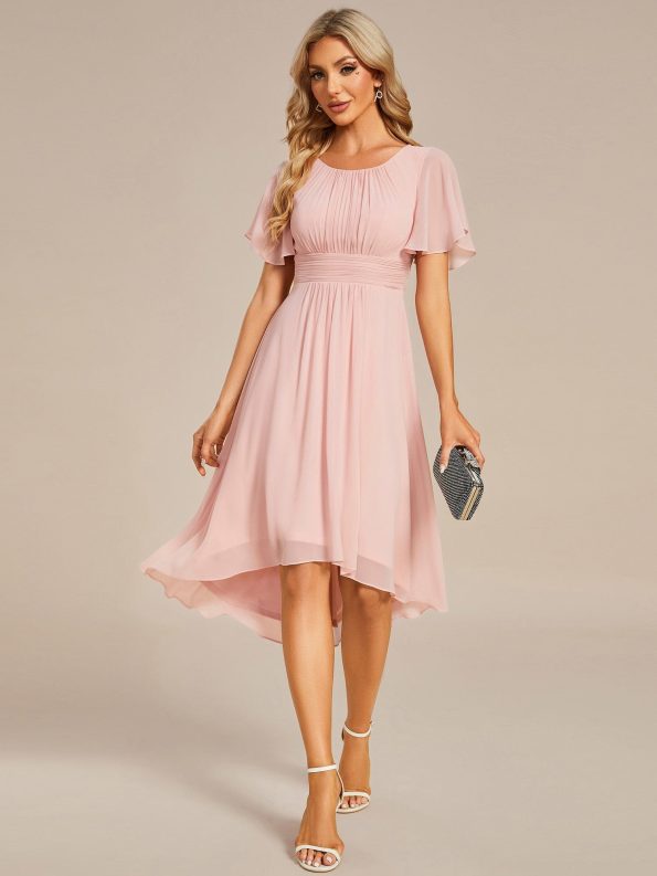 Flowy Chiffon Round Neckline A-Line Knee Length Wedding Guest Dress - Pink