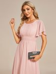 Flowy Chiffon Round Neckline A-Line Knee Length Wedding Guest Dress – Pink