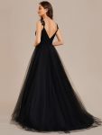 Double V Neck Lace Bodice Open Back Tulle Wedding Dress – Black