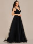 Double V Neck Lace Bodice Open Back Tulle Wedding Dress – Black