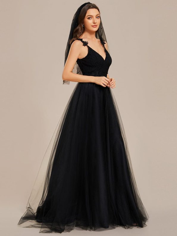 Double V Neck Lace Bodice Open Back Tulle Wedding Dress - Black