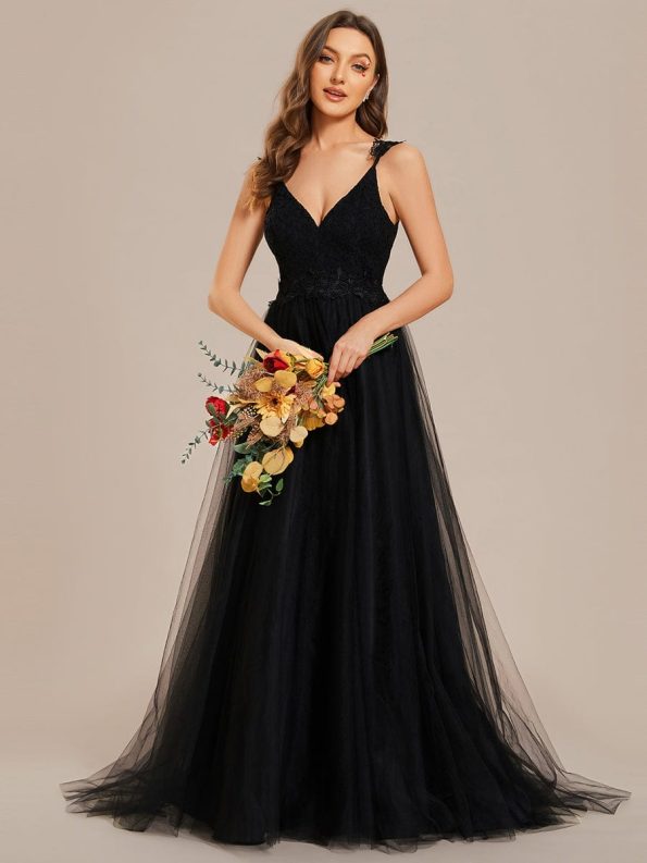 Double V Neck Lace Bodice Open Back Tulle Wedding Dress - Black