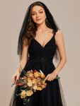 Double V Neck Lace Bodice Open Back Tulle Wedding Dress – Black