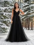 Double V Neck Lace Bodice Open Back Tulle Wedding Dress – Black