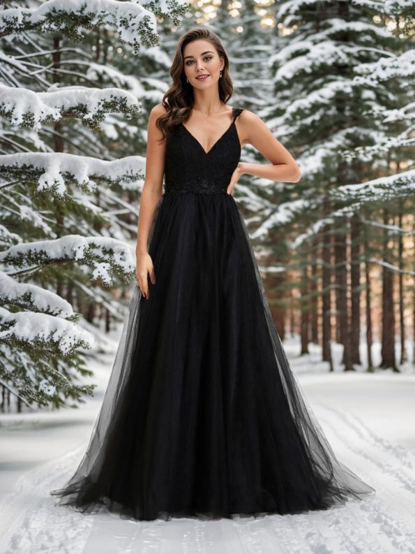 Double V Neck Lace Bodice Open Back Tulle Wedding Dress - Black