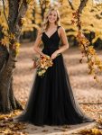 Double V Neck Lace Bodice Open Back Tulle Wedding Dress – Black