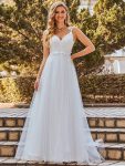 Double V Neck Lace Bodice Open Back Tulle Wedding Dress – Cream