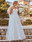 Double V Neck Lace Bodice Open Back Tulle Wedding Dress – Cream