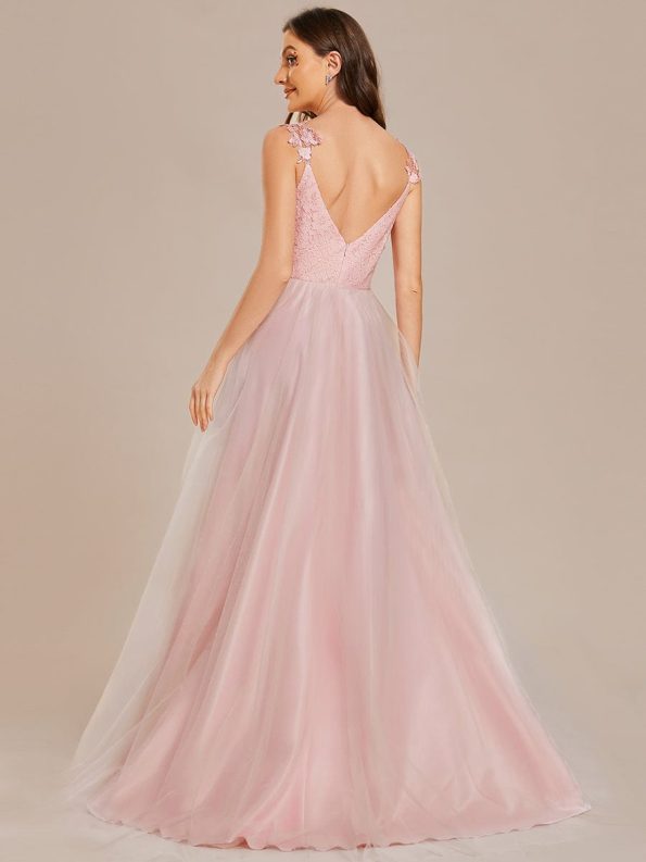 Double V Neck Lace Bodice Open Back Tulle Wedding Dress - Pink