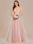 Double V Neck Lace Bodice Open Back Tulle Wedding Dress – Pink