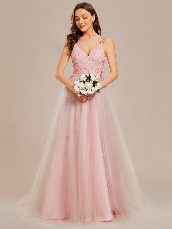 Double V Neck Lace Bodice Open Back Tulle Wedding Dress - Pink