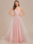 Double V Neck Lace Bodice Open Back Tulle Wedding Dress – Pink