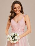 Double V Neck Lace Bodice Open Back Tulle Wedding Dress – Pink