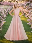 Double V Neck Lace Bodice Open Back Tulle Wedding Dress – Pink