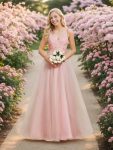 Double V Neck Lace Bodice Open Back Tulle Wedding Dress – Pink