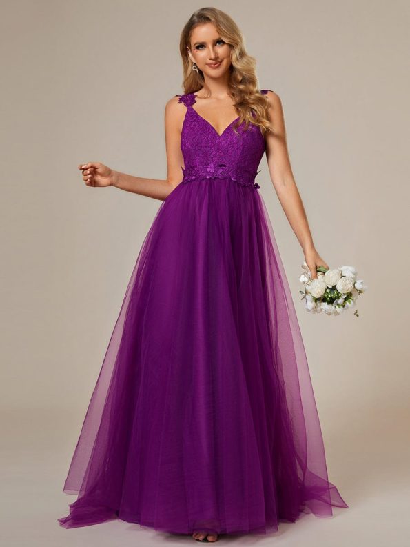 Double V Neck Lace Bodice Open Back Tulle Wedding Dress - Purple Wisteria