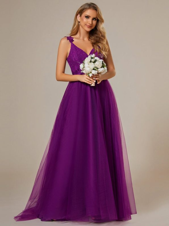 Double V Neck Lace Bodice Open Back Tulle Wedding Dress - Purple Wisteria