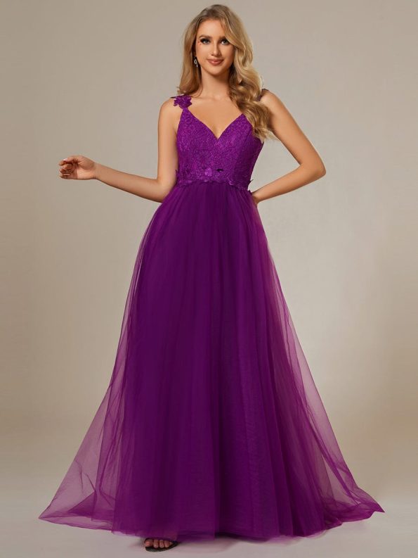 Double V Neck Lace Bodice Open Back Tulle Wedding Dress - Purple Wisteria