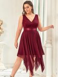 Deep V-Neck Lace Chiffon Bridesmaid Dress with Asymmetrical Hem – Burgundy