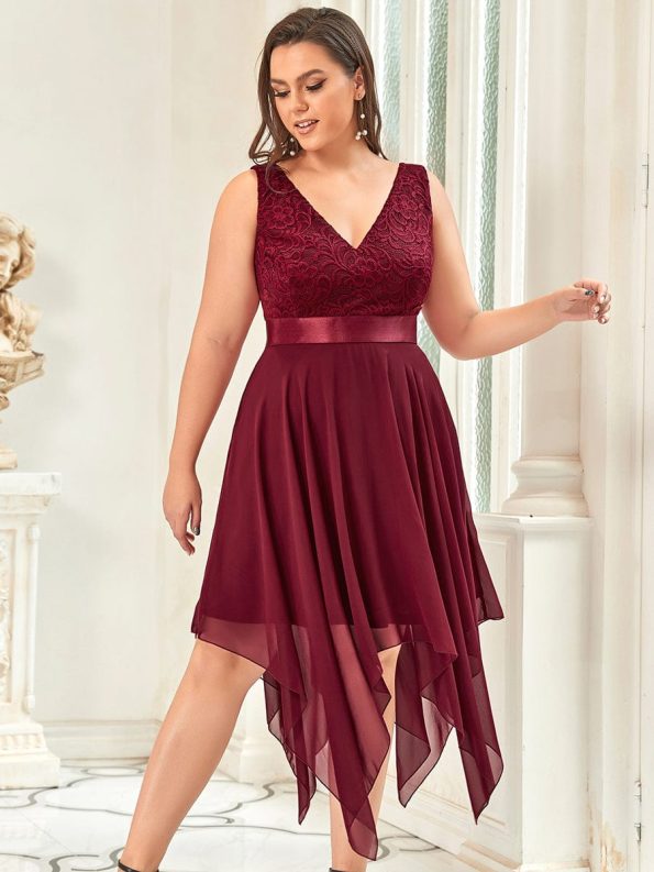 Deep V-Neck Lace Chiffon Bridesmaid Dress with Asymmetrical Hem - Burgundy