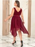 Deep V-Neck Lace Chiffon Bridesmaid Dress with Asymmetrical Hem – Burgundy