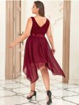 Stunning V Neck Lace Dress with Asymmetrical Hems – Burgundy