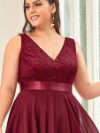 Deep V-Neck Lace Chiffon Bridesmaid Dress with Asymmetrical Hem – Burgundy