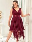 Stunning V Neck Lace Dress with Asymmetrical Hems – Burgundy