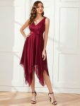 Stunning V Neck Lace Dress with Asymmetrical Hems – Burgundy