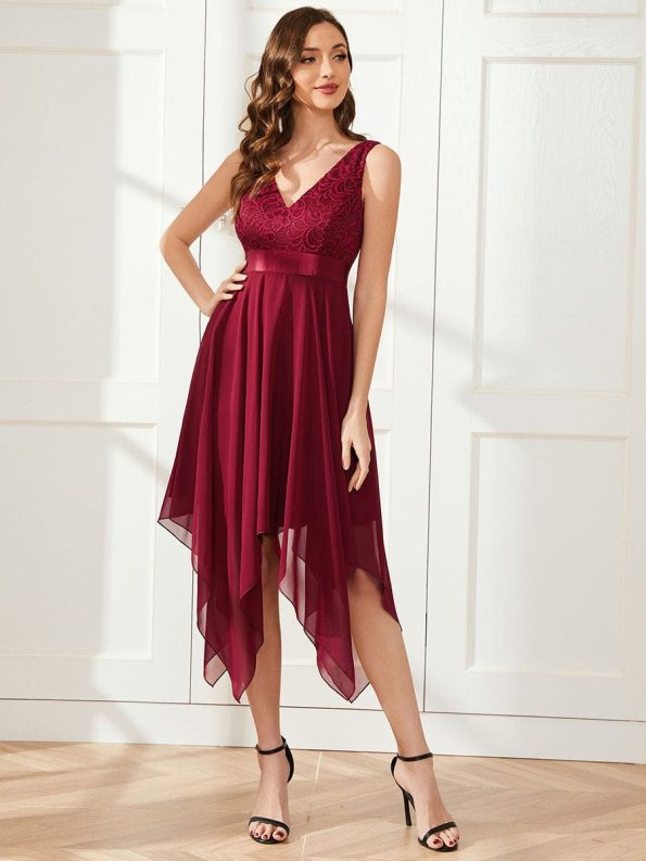 Stunning V Neck Lace Dress with Asymmetrical Hems - Burgundy