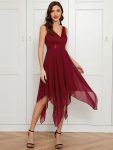 Stunning V Neck Lace Dress with Asymmetrical Hems – Burgundy