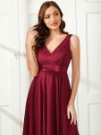 Stunning V Neck Lace Dress with Asymmetrical Hems – Burgundy